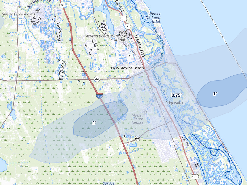 NEXRAD radar-signature map of the hail storm over New Smyrna Beach, FL on Mar 16, 2026