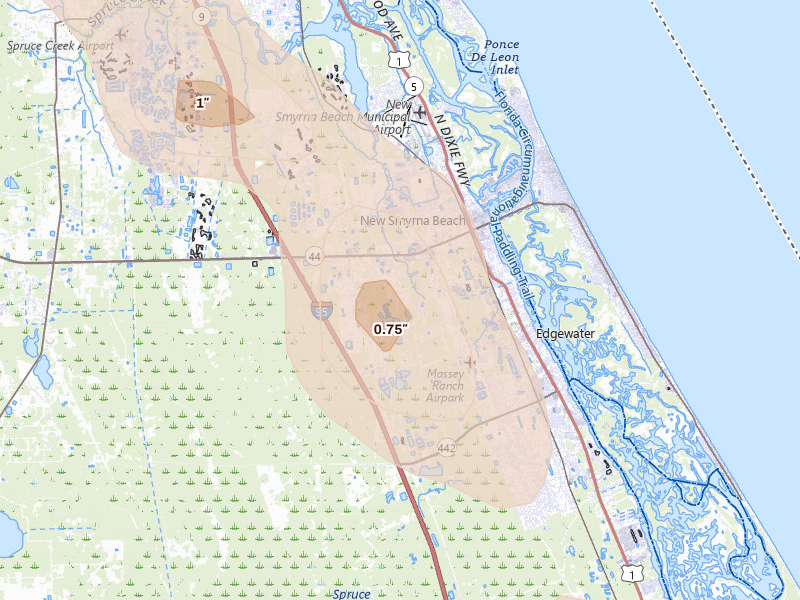 Radar-estimated hail-size map of the storm over New Smyrna Beach, FL on Jun 2, 2026