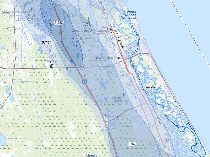 NEXRAD radar-signature map of the hail over New Smyrna Beach, FL