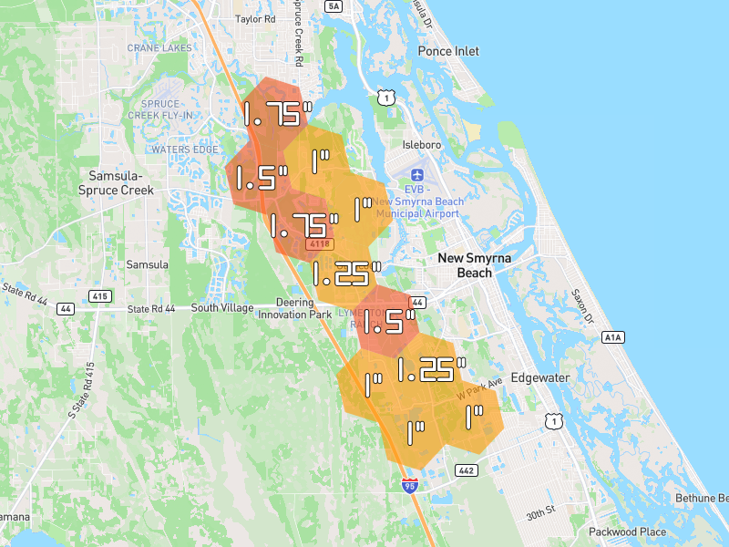 Hail map of New Smyrna Beach, FL on Jun 2, 2026, hail up to 1.75"