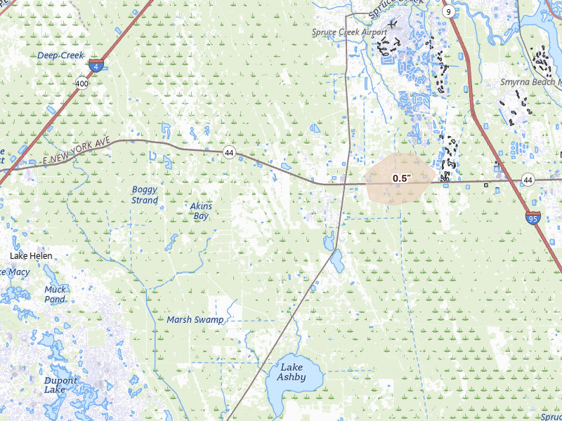 Radar-estimated hail-size map of the storm over New Smyrna Beach, FL on Jun 16, 2026