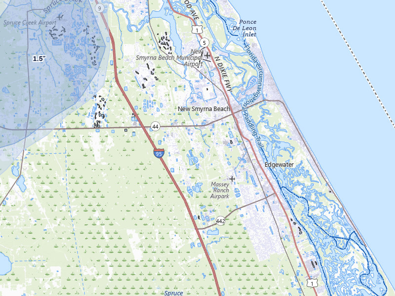 NEXRAD radar-signature map of the hail over New Smyrna Beach, FL