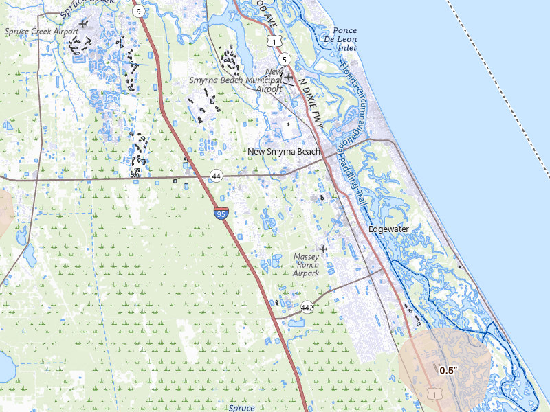 Radar-estimated hail-size map of the storm over New Smyrna Beach, FL on Jul 8, 2026
