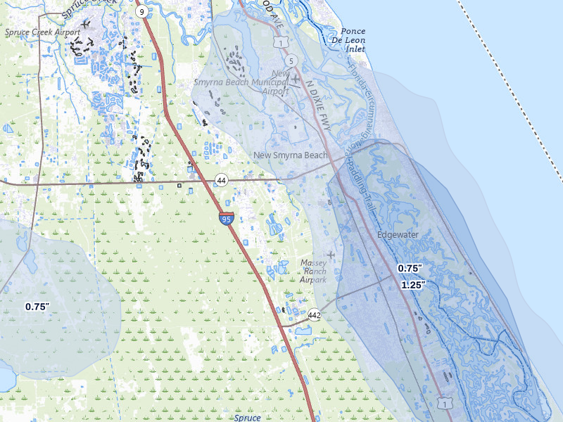 NEXRAD radar-signature map of the hail storm over New Smyrna Beach, FL on Jul 8, 2026