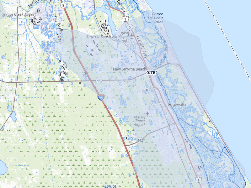 NEXRAD radar-signature map of the hail storm over New Smyrna Beach, FL on Jul 12, 2026