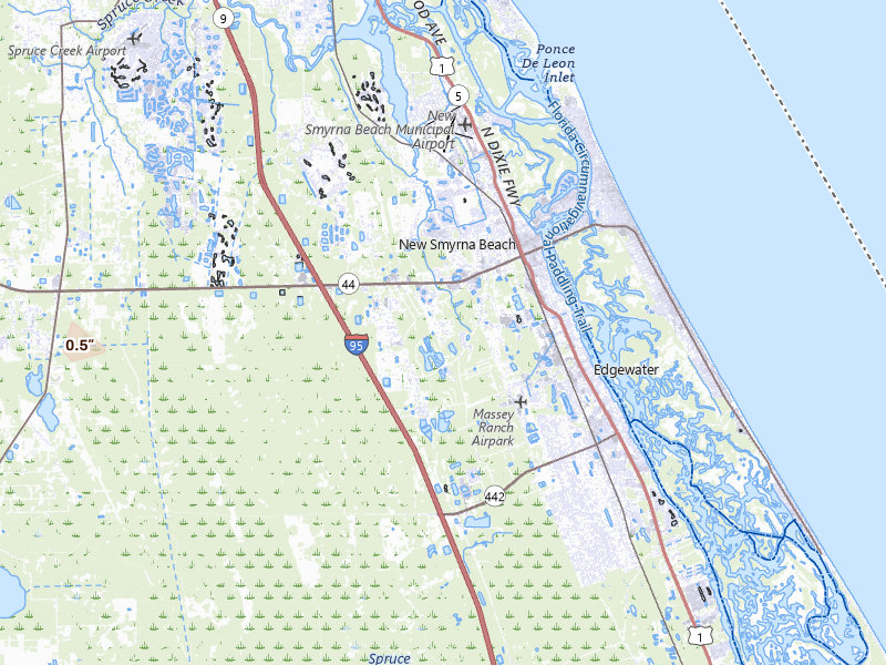 Radar-estimated hail-size map of the storm over New Smyrna Beach, FL on Jul 20, 2026