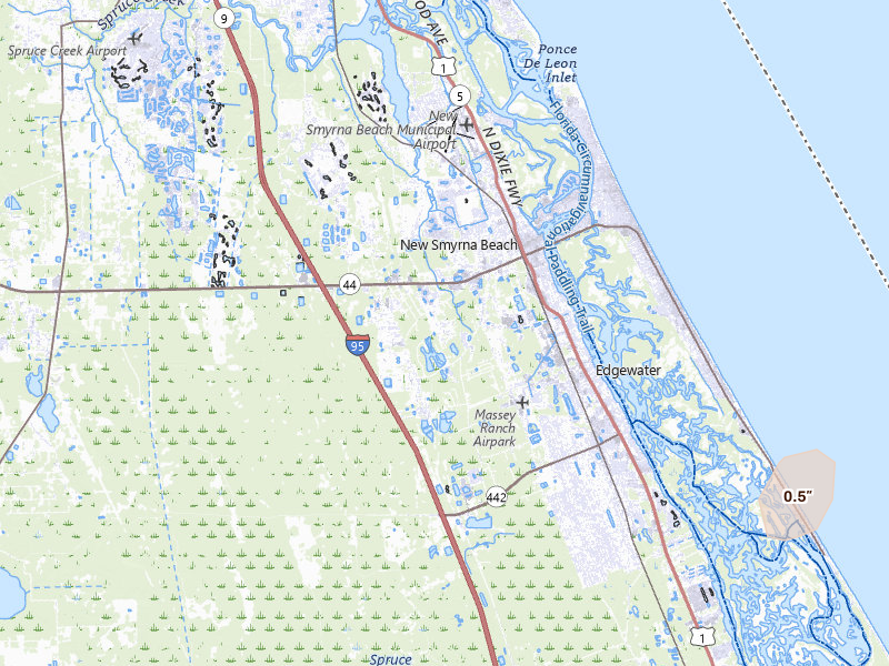 Radar-estimated hail-size map of the storm over New Smyrna Beach, FL on Jul 30, 2026