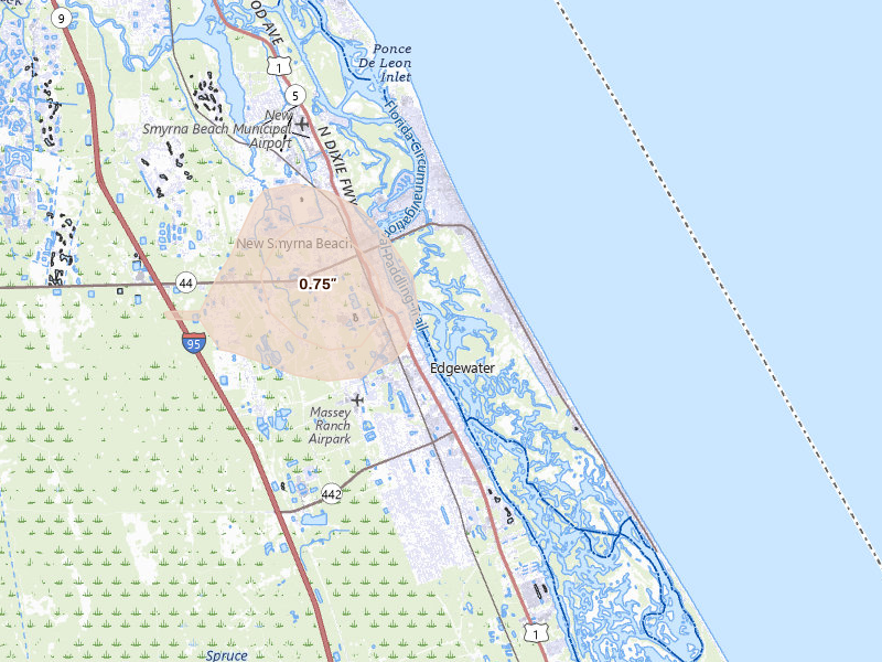 Radar-estimated hail-size map of the storm over New Smyrna Beach, FL on Aug 4, 2026