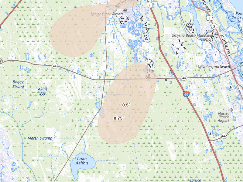 Radar-estimated hail-size map of the storm over New Smyrna Beach, FL on Aug 22, 2026