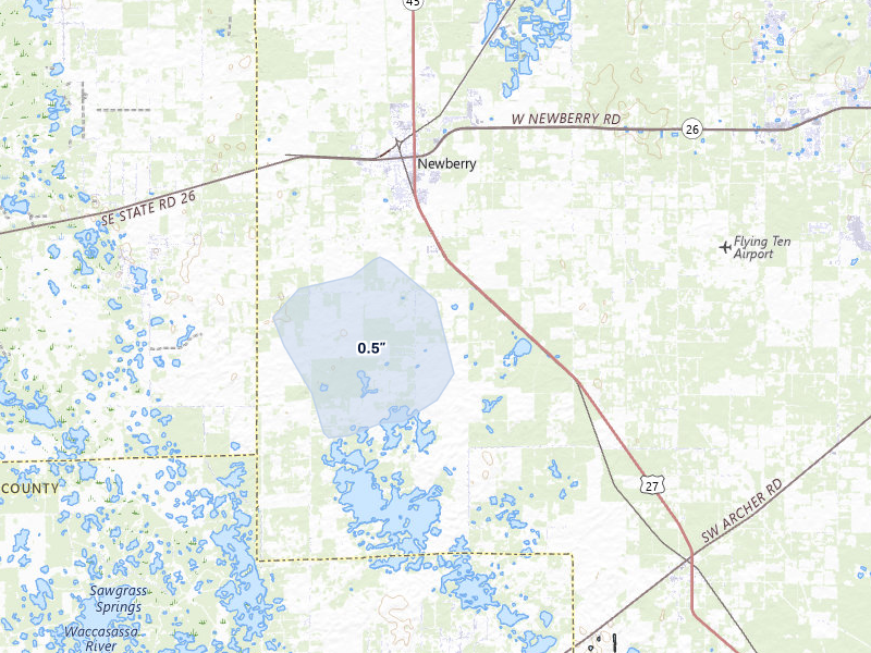 NEXRAD radar-signature map of the hail storm over Newberry, FL on Mar 5, 2026
