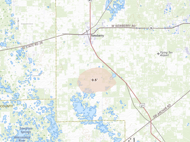 Radar-estimated hail-size map of the storm over Newberry, FL on Jun 20, 2026