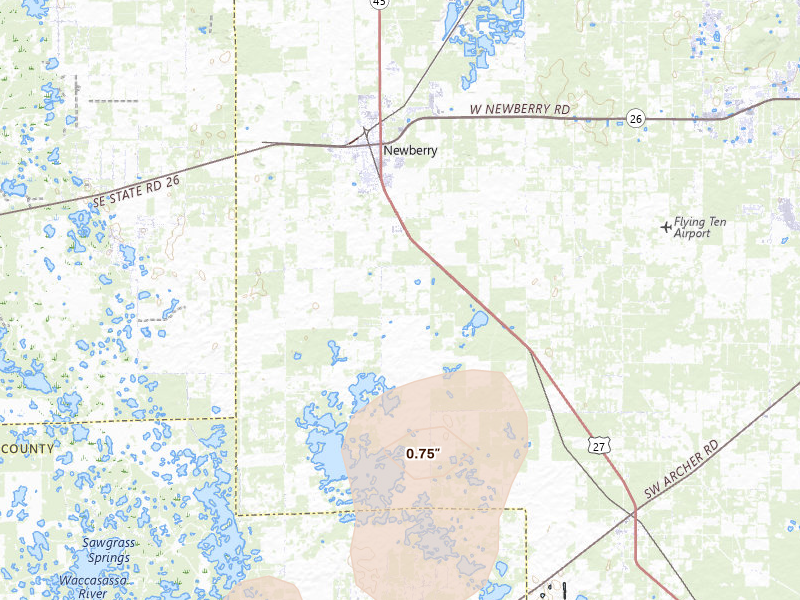 Radar-estimated hail-size map of the storm over Newberry, FL on Jul 10, 2026