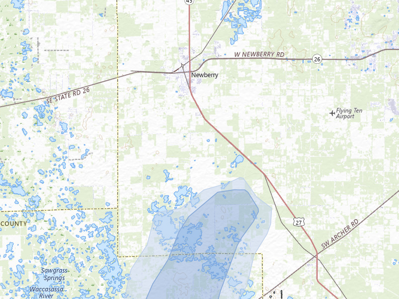 NEXRAD radar-signature map of the hail storm over Newberry, FL on Jul 10, 2026