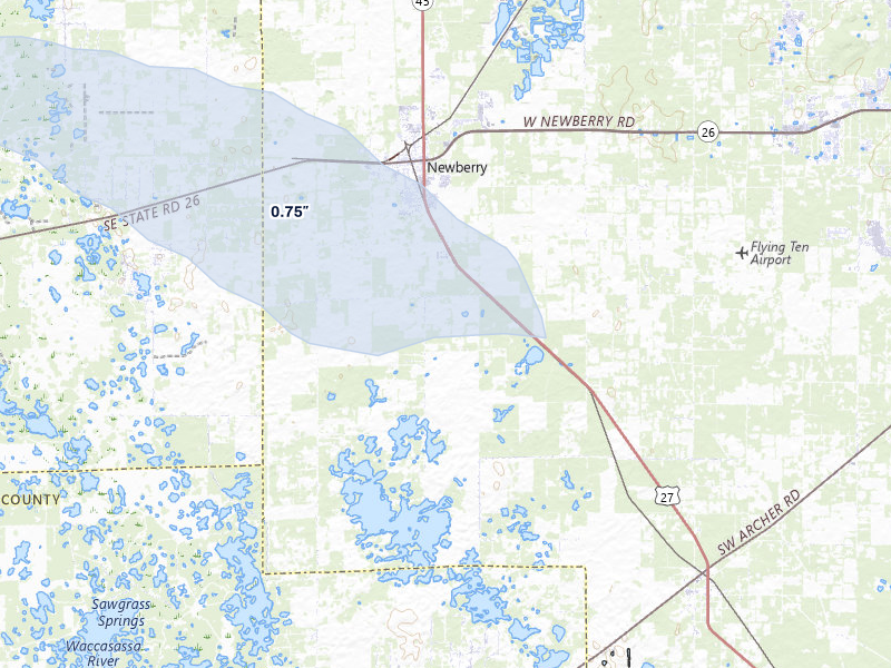 NEXRAD radar-signature map of the hail storm over Newberry, FL on Jul 12, 2026