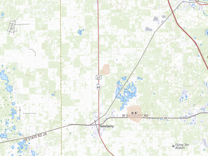 Radar-estimated hail-size map of the storm over Newberry, FL on Aug 17, 2026
