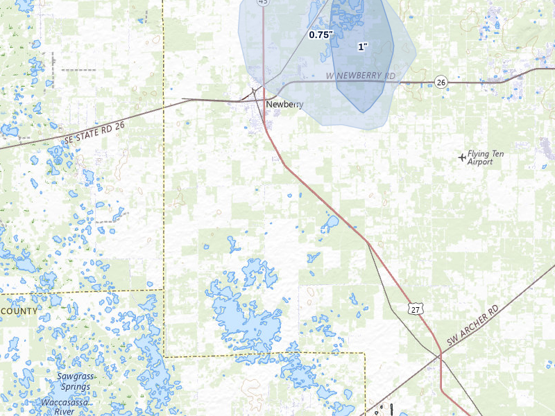 NEXRAD radar-signature map of the hail storm over Newberry, FL on Aug 17, 2026