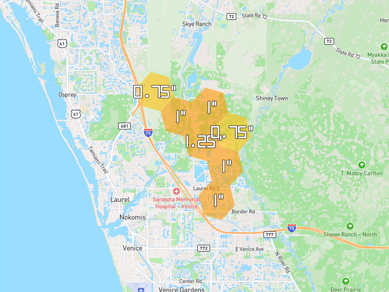 Hail map of Nokomis, FL on Jul 24, 2026, hail up to 1.25"