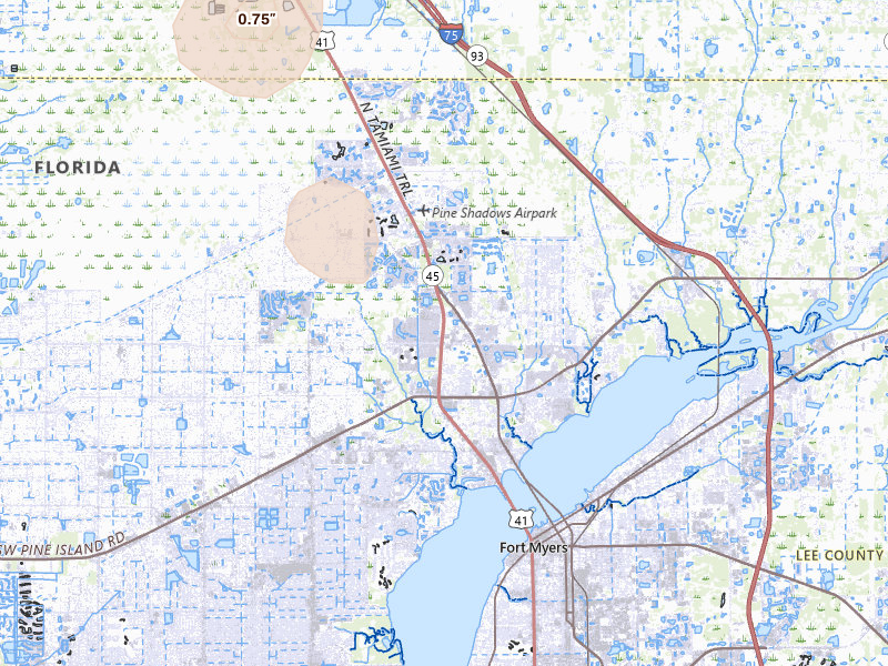 Radar-estimated hail-size map of the storm over North Fort Myers, FL on Jun 27, 2026