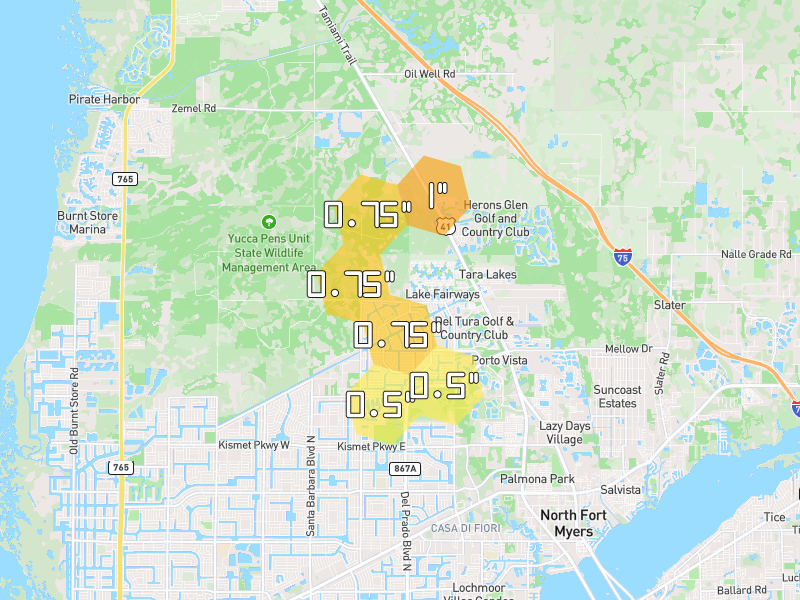 Hail map of North Fort Myers, FL on Jun 27, 2026, hail up to 1"
