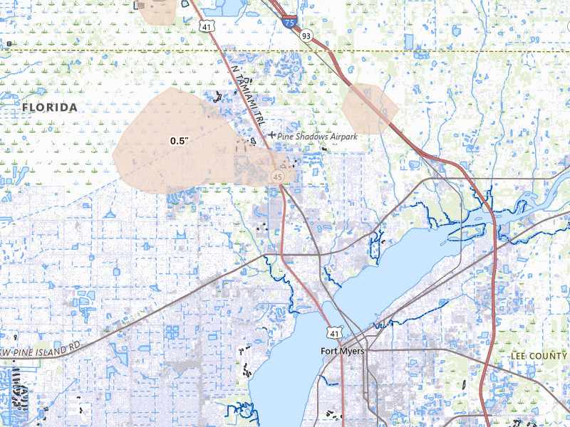 Radar-estimated hail-size map of the storm over North Fort Myers, FL on Jun 28, 2026