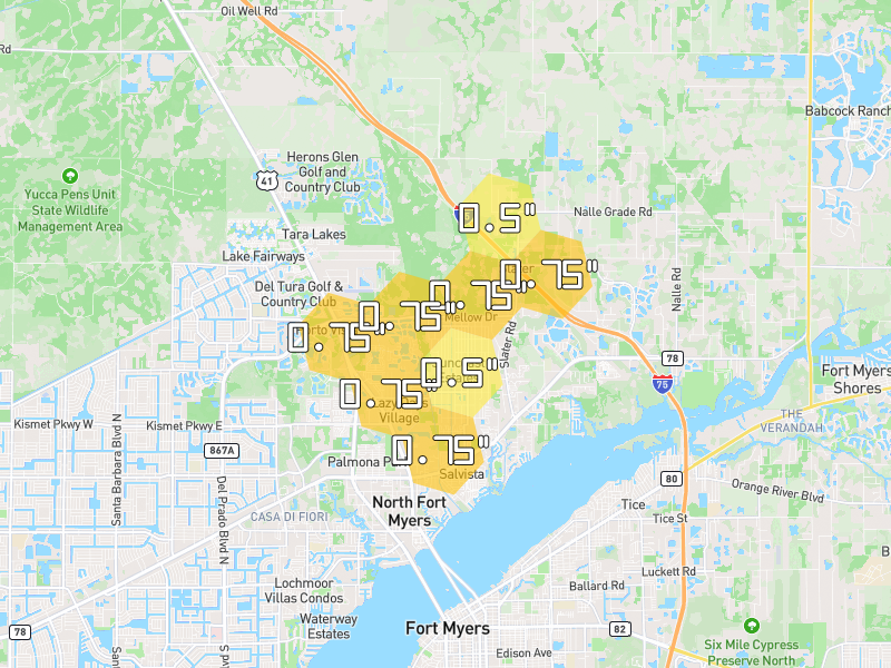 Hail map of North Fort Myers, FL on Jun 28, 2026, hail up to 0.75"