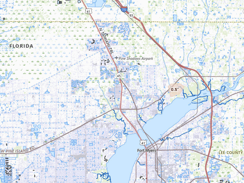 Radar-estimated hail-size map of the storm over North Fort Myers, FL on Jul 22, 2026
