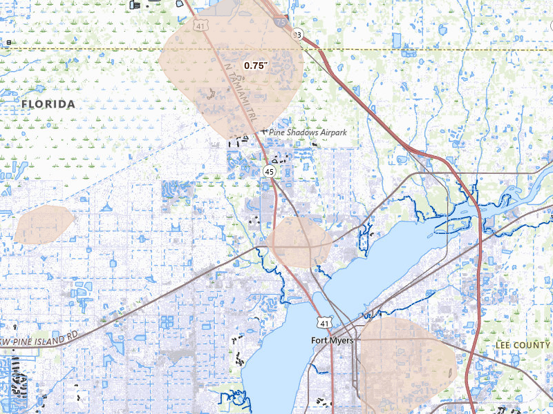 Radar-estimated hail-size map of the storm over North Fort Myers, FL on Aug 14, 2026