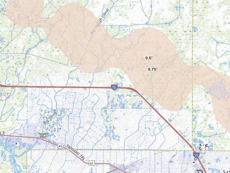 Radar-estimated hail-size map of the storm over North Port, FL on Mar 5, 2026