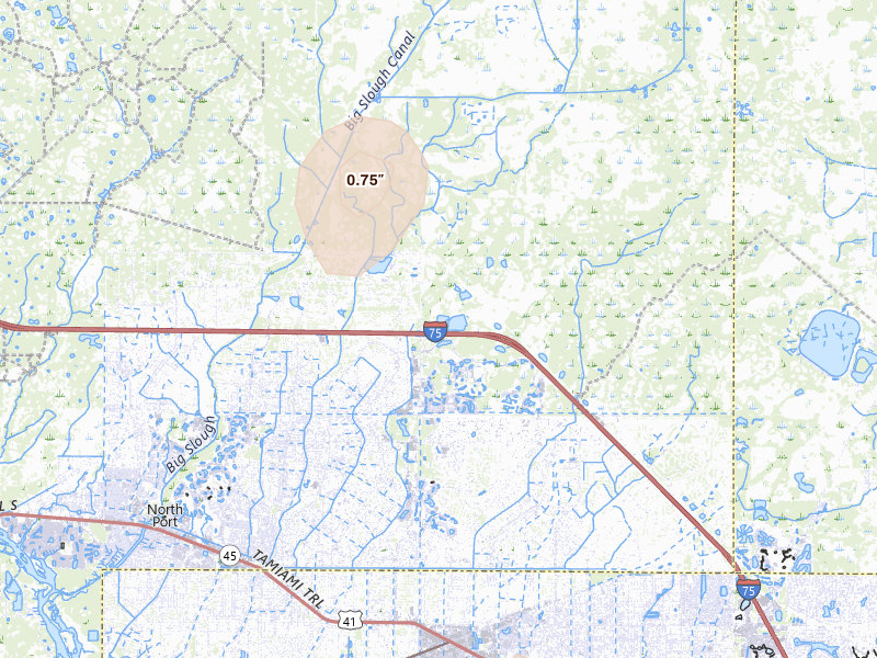 Radar-estimated hail-size map of the storm over North Port, FL on Jun 27, 2026