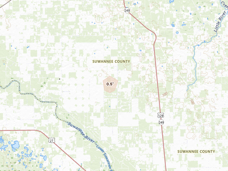 Radar-estimated hail-size map of the storm over O Brien, FL on May 24, 2026