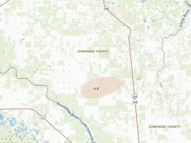 Radar-estimated hail-size map of the storm over O Brien, FL on Jun 14, 2026