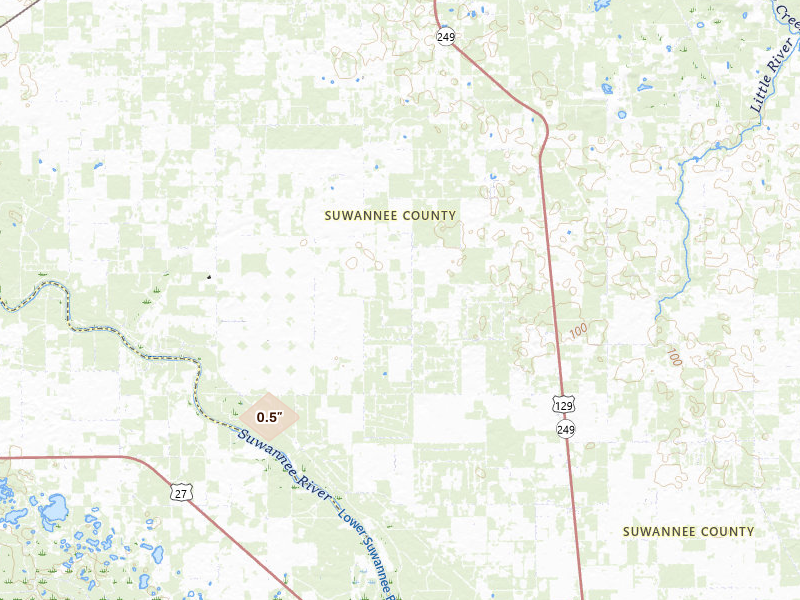 Radar-estimated hail-size map of the storm over O Brien, FL on Jun 19, 2026