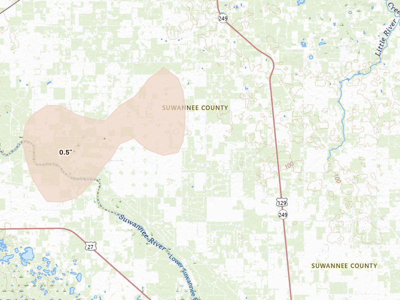 Radar-estimated hail-size map of the storm over O Brien, FL on Jul 30, 2026
