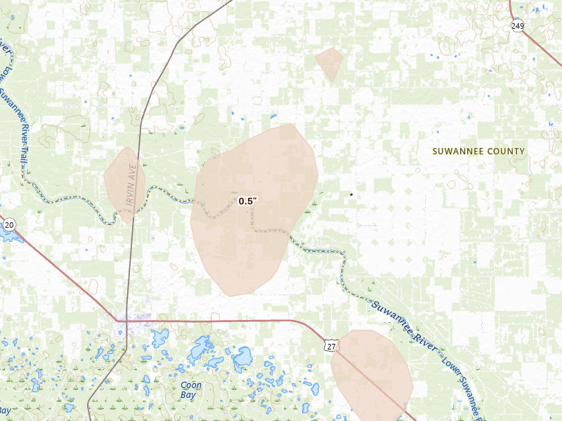 Radar-estimated hail-size map of the storm over O Brien, FL on Aug 20, 2026