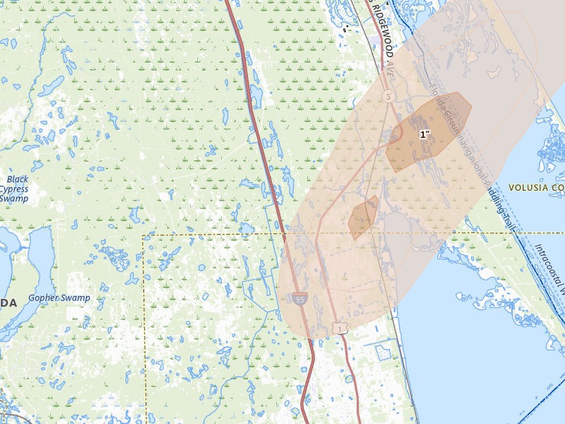 Radar-estimated hail-size map of the storm over Oak Hill, FL on Mar 15, 2026