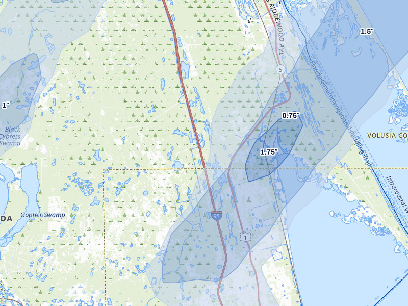 NEXRAD radar-signature map of the hail over Oak Hill, FL
