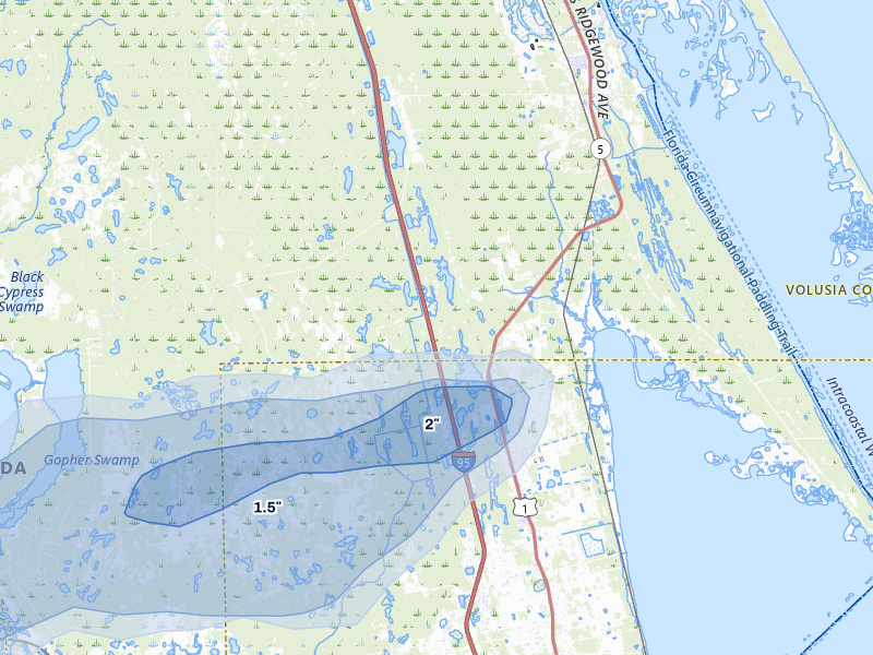 NEXRAD radar-signature map of the hail over Oak Hill, FL
