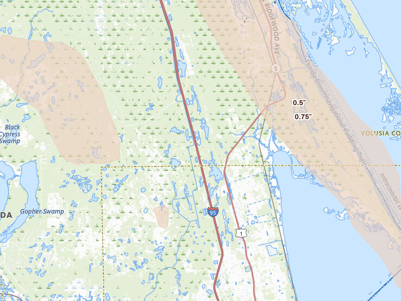 Radar-estimated hail-size map of the storm over Oak Hill, FL on Jun 2, 2026