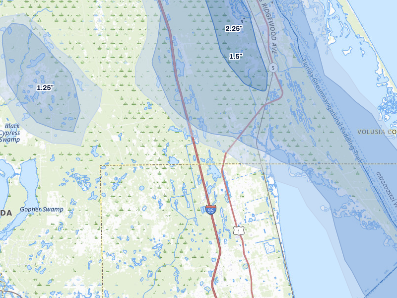 NEXRAD radar-signature map of the hail over Oak Hill, FL