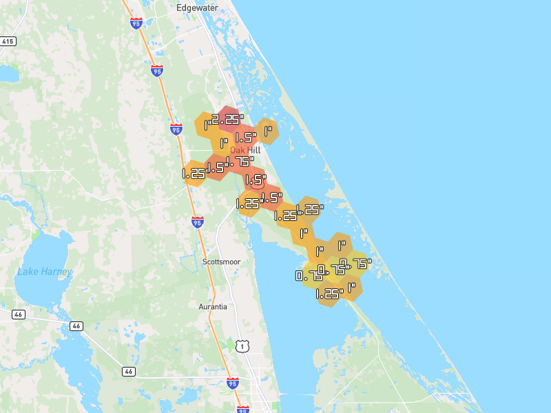 Hail map of Oak Hill, FL on Jun 2, 2026, hail up to 2.25"