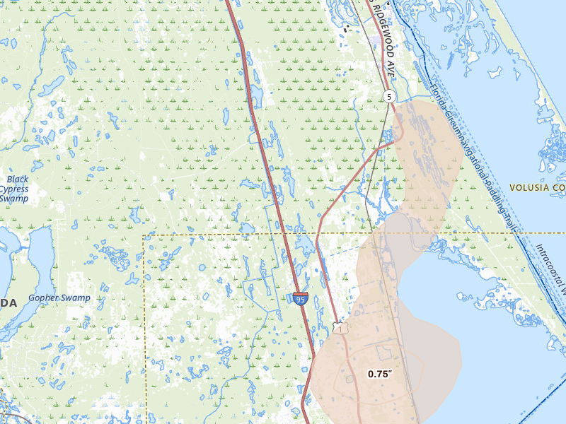 Radar-estimated hail-size map of the storm over Oak Hill, FL on Jul 6, 2026