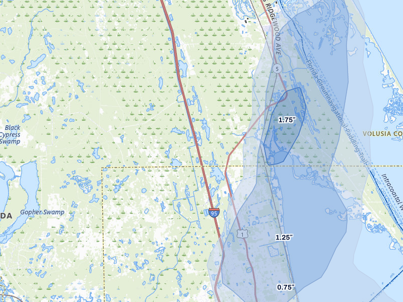 NEXRAD radar-signature map of the hail storm over Oak Hill, FL on Jul 6, 2026