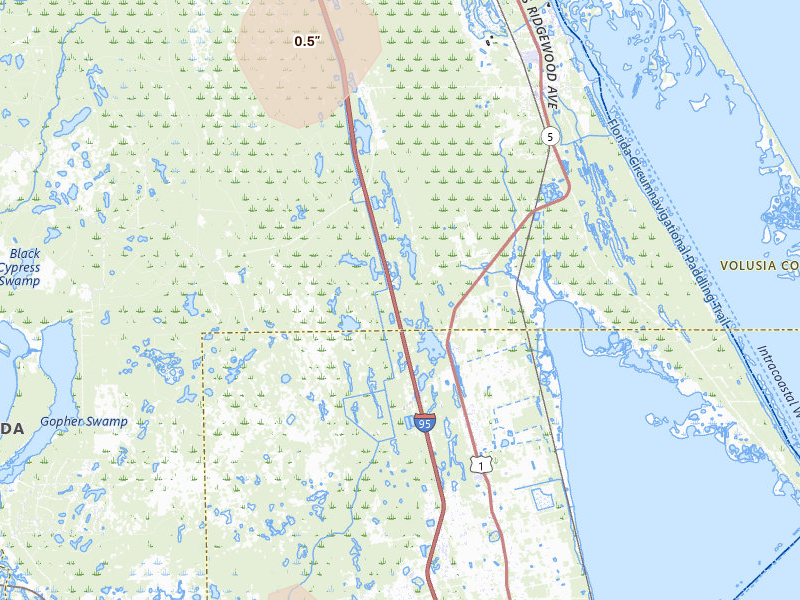 Radar-estimated hail-size map of the storm over Oak Hill, FL on Jul 26, 2026