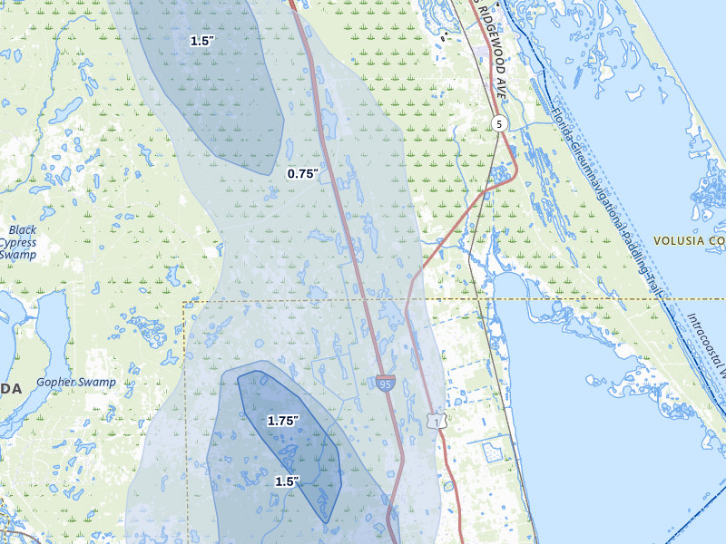 NEXRAD radar-signature map of the hail storm over Oak Hill, FL on Jul 26, 2026