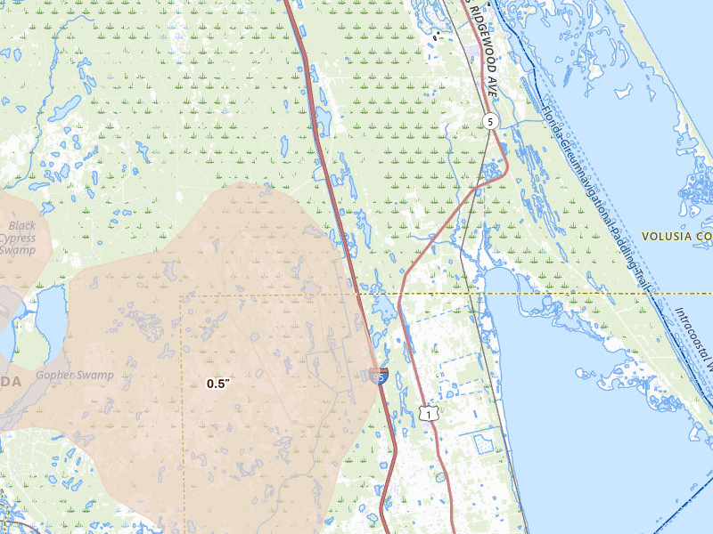 Radar-estimated hail-size map of the storm over Oak Hill, FL on Aug 22, 2026
