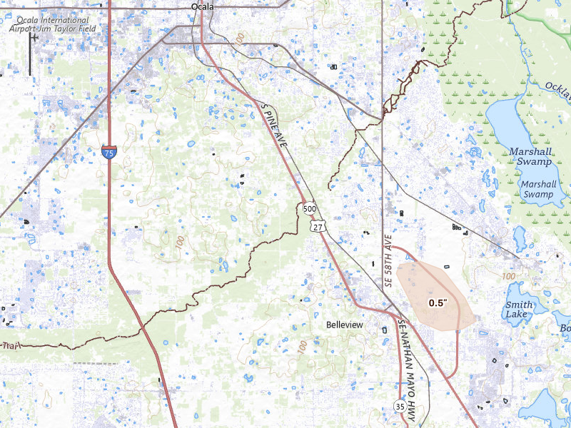 Radar-estimated hail-size map of the storm over Ocala, FL on Mar 6, 2026