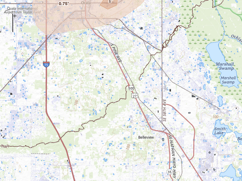 Radar-estimated hail-size map of the storm over Ocala, FL on Jul 11, 2026