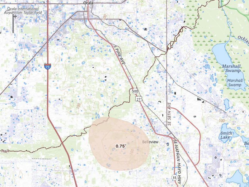Radar-estimated hail-size map of the storm over Ocala, FL on Jul 17, 2026