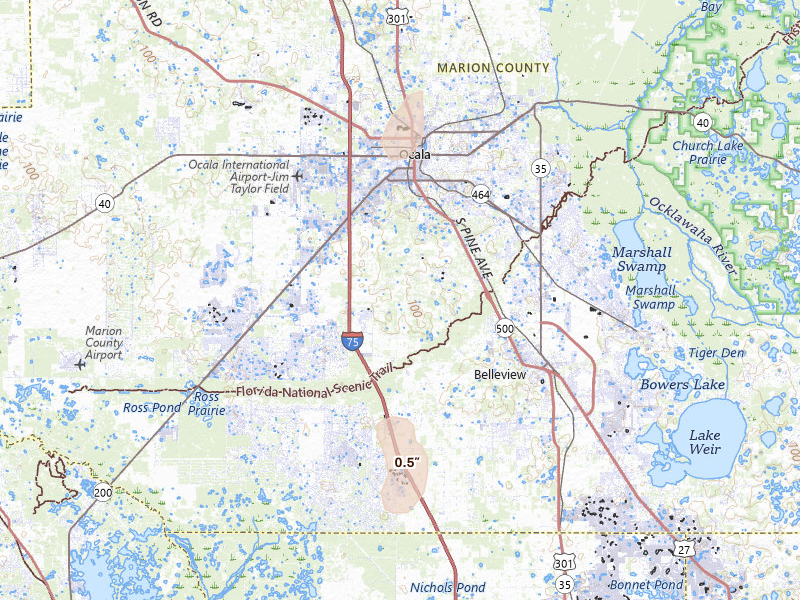 Radar-estimated hail-size map of the storm over Ocala, FL on Aug 5, 2026