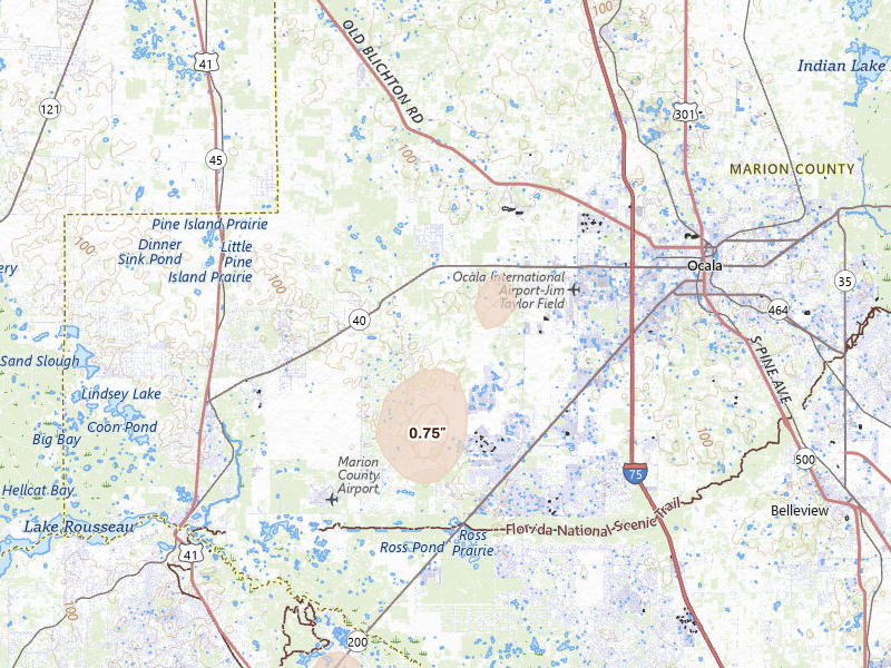 Radar-estimated hail-size map of the storm over Ocala, FL on Aug 9, 2026